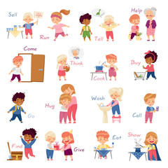 Verbs Study with Little Kid Demonstrating Different Activity Vocabulary Vector Set