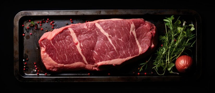 Top view of a raw Silverside sirloin beef steak surrounded by fresh herbs and a red tomato on a black tray against a dark background