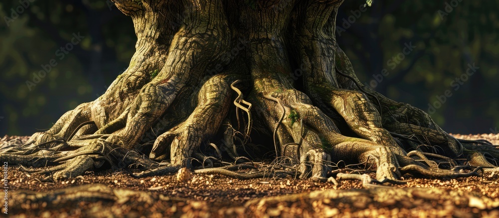 Poster aged brown tree roots prominently displayed in foreground with textured bark amidst earthy tones and