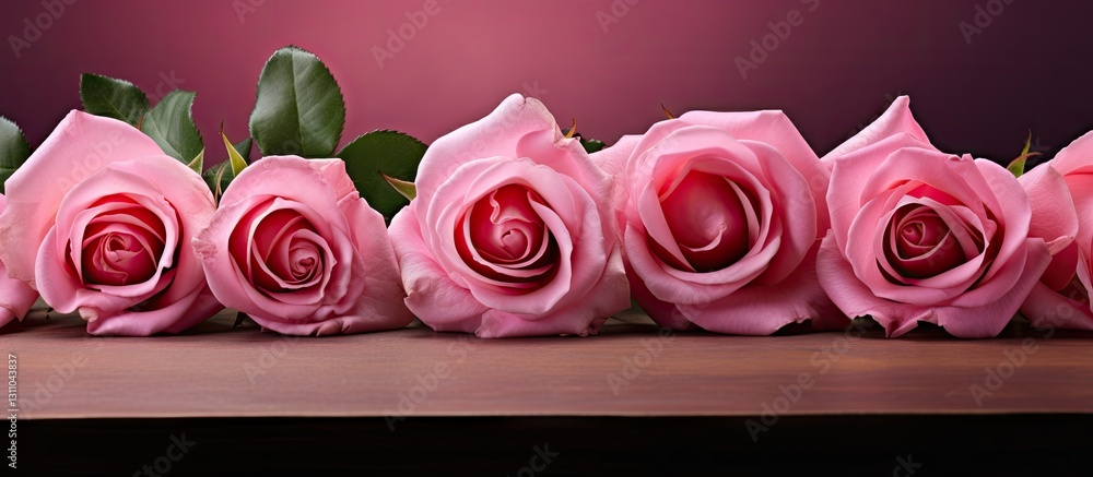 Aufkleber Pink roses arranged in a row on a wooden surface against a soft pink gradient background with ample copy space for text or design elements