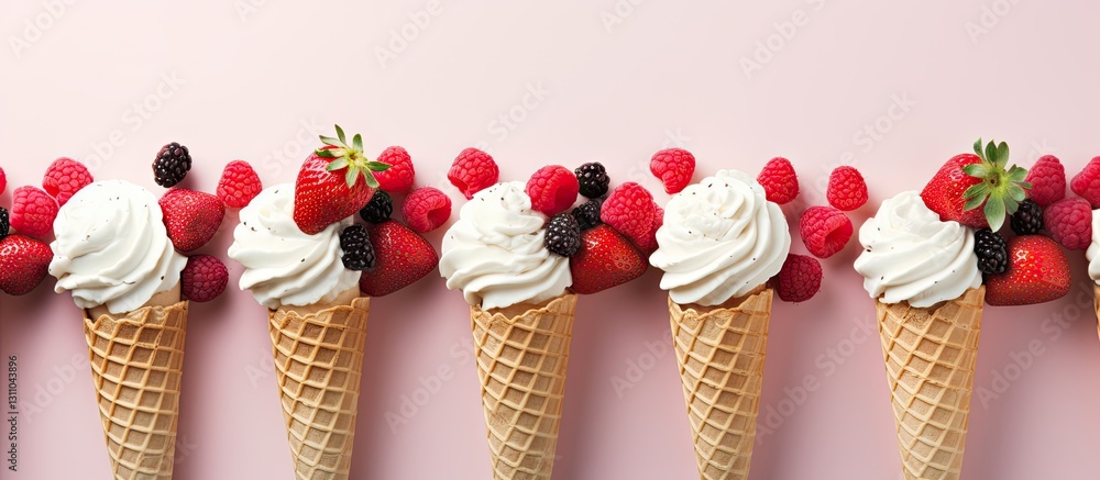 Poster pink backdrop featuring a row of ice cream cones topped with fresh strawberries, raspberries, and bl