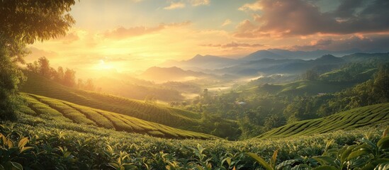 Sunset over lush green tea plantation with rolling hills and vibrant orange sky creating a serene atmosphere in a picturesque landscape.