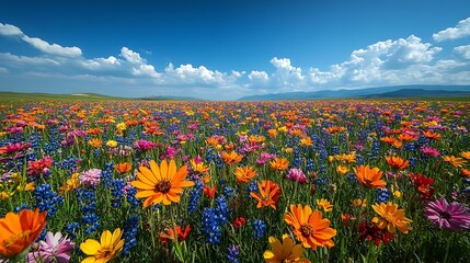 Fototapeta premium A breeze flows through a meadow of wildflowers revealing delicate petals and vibrant colors under a cloudless sky