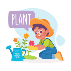 Boy Plant Flower as Verb Study with Little Kid Demonstrating Activity Vocabulary Vector Illustration