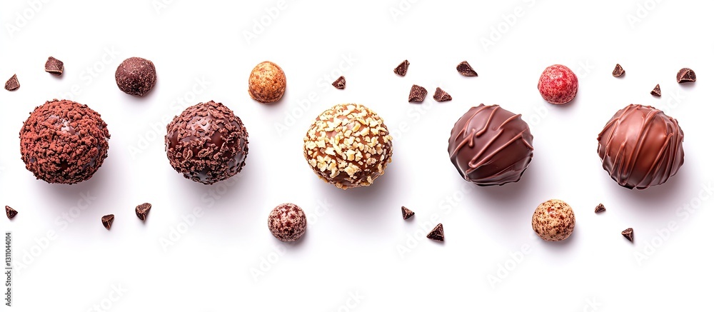 Aufkleber Chocolate truffles arranged in a row on a white background, featuring dark and milk chocolate, nuts, and sprinkle toppings with scattered cocoa bits.