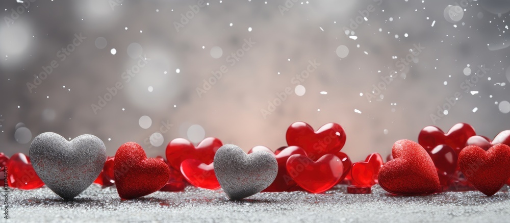 Poster valentine's day decoration featuring vivid red and silver heart shapes arranged on a sparkling silve
