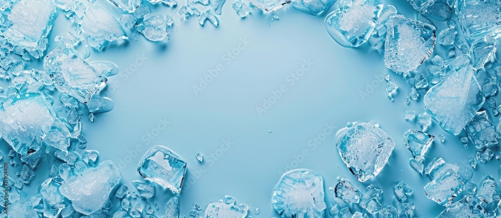Aufkleber Crushed ice scattered on a light blue background with empty copy space in the center creating a refreshing and cool aesthetic for designs