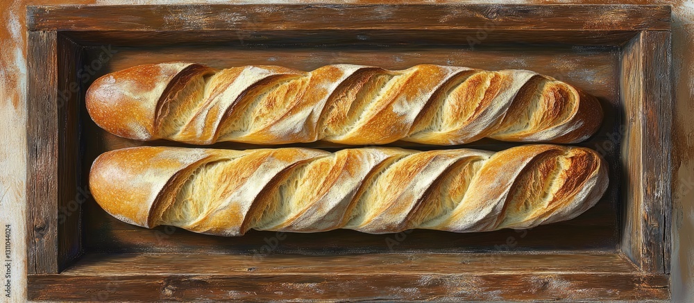 Poster freshly baked golden baguettes resting on a rustic wooden board with a warm brown hue captured from 