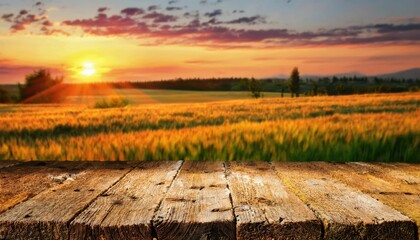 rustic wooden table with textured planks in foreground against golden wheat field at sunset, ideal for product mockups and background
