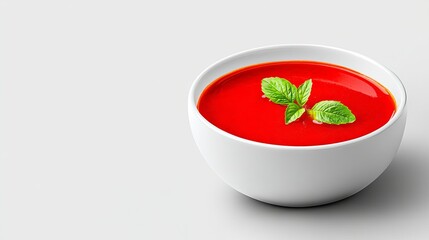 Delicious red soup garnished with fresh mint leaves in a white bowl.