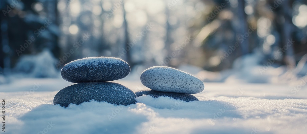 Poster winter forest scene featuring a stack of three smooth stones in shades of grey and white on a snowy 