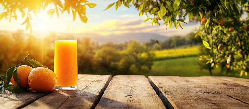 Poster wooden table display with fresh orange juice and oranges under morning sunlight, surrounded by green