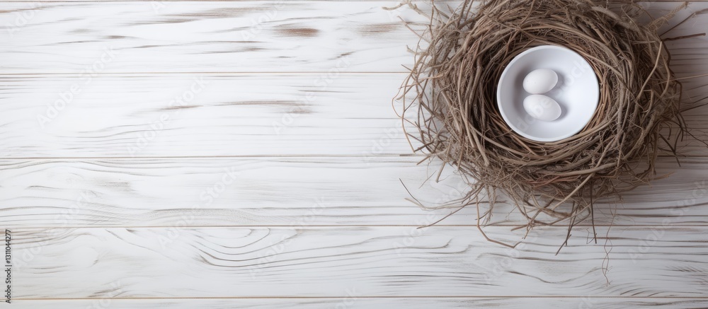 Poster nest with two white eggs atop a round brown nest on a white wooden surface bright and serene ambianc