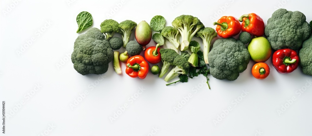 Poster fresh assorted vegetables arranged neatly on a white background featuring green broccoli red and yel