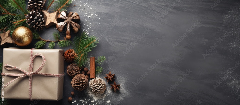 Poster elegant rustic christmas composition featuring a wrapped gift with a bow on a dark textured backgrou