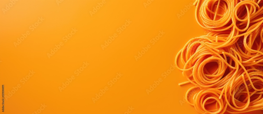 Poster spaghetti pasta in a vibrant orange background with copy space on the right for culinary text or res