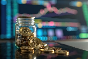 Glass jar with bitcoin coins on blurred background of monitor with color chart of rate change on cryptocurrency exchange. The concept of accumulation and saving of digital money.