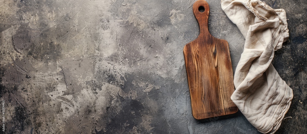 Aufkleber Top down view of a wooden cutting board on textured concrete, with a beige napkin on the right side, creating minimalistic space for text or graphics