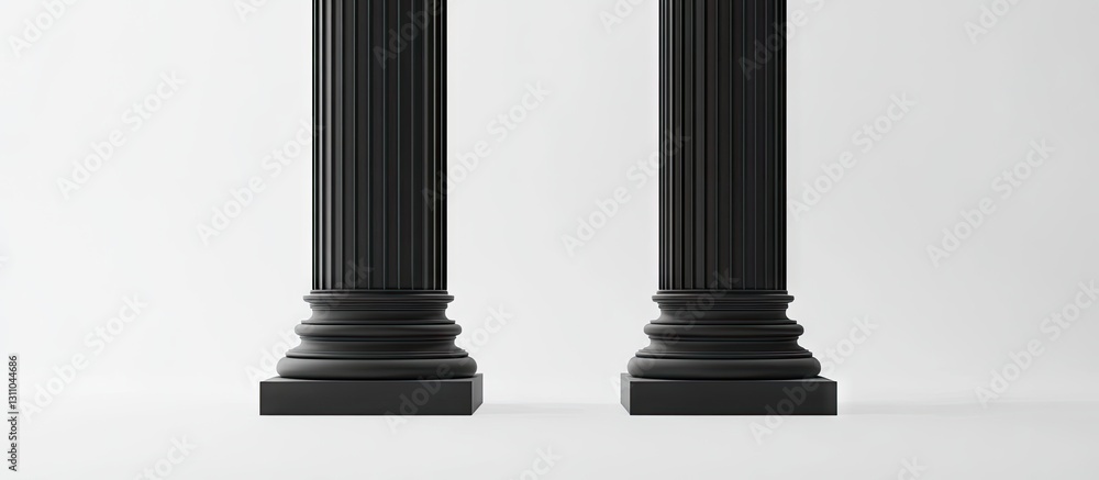 Poster Black classical columns on a minimalist white background with detailed fluting and contrasting bases positioned symmetrically to create a sense of elegance.
