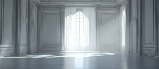 Bright and airy studio backdrop with high ceilings and elegant white walls, illuminated by soft light streaming through large windows.