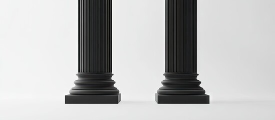 Obraz premium Black classical columns on a minimalist white background with detailed fluting and contrasting bases positioned symmetrically to create a sense of elegance.