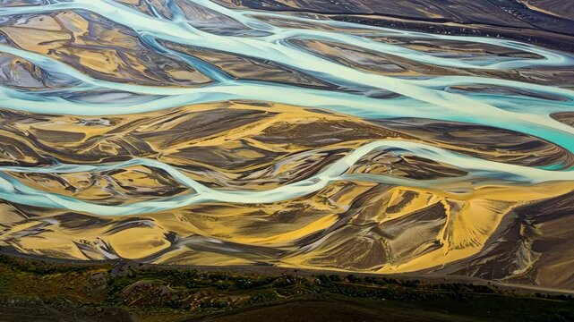 Intricate braided river channels weaving through golden sandbanks in a stunning aerial view