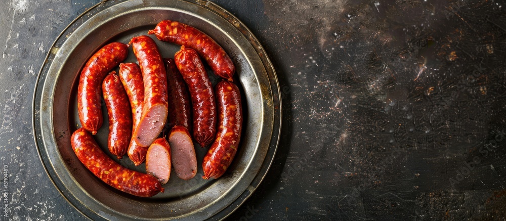Poster top view of vibrant polish smoked sausages on a silver plate against a dark textured background with