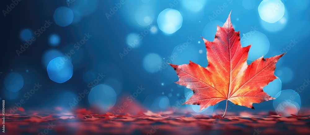 Poster vibrant red maple leaf positioned on the right against a soft blue bokeh background with ample copy 
