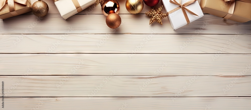 Poster Top view of a rustic white wooden table with neatly wrapped gifts in gold and white, placed along the left edge, featuring ample copy space on the right.