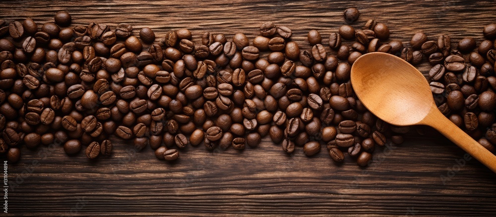 Poster brown coffee beans scattered on dark wooden surface with a wooden spoon on the right side creating a
