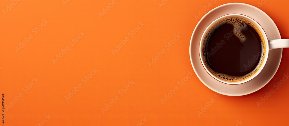 Aufkleber Top view of a coffee cup filled with dark coffee on the left side of an orange background creating ample clear copy space on the right