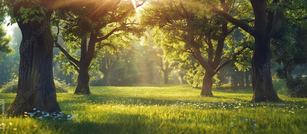 Fototapete Lush green park with tall trees and sun rays filtering through branches creating a serene atmosphere and ample copy space centered in the image.