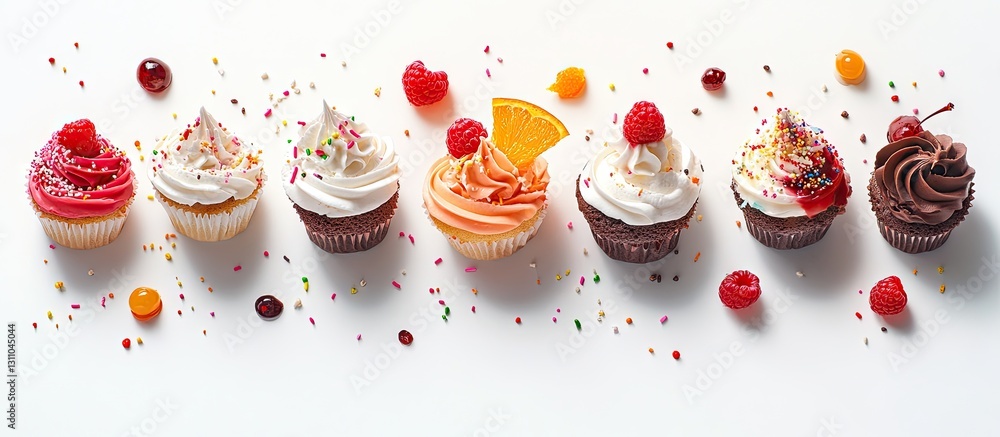 Poster colorful triangular cupcake slices featuring vanilla, orange, cherry, strawberry, and raspberry topp