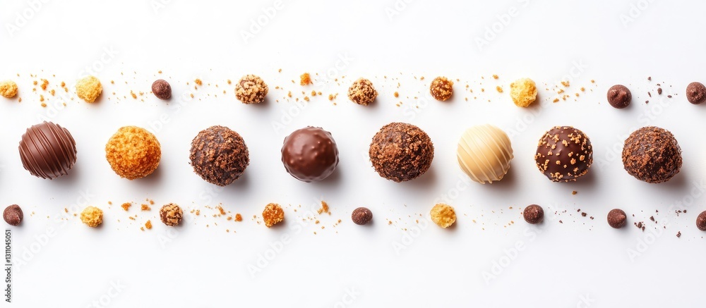 Poster Assorted gourmet chocolate truffles on a white background with nuts and cocoa crumbs arranged in a linear pattern, showcasing different textures and colors.
