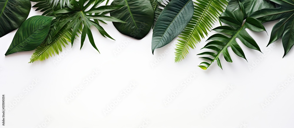 Poster lush green tropical leaves in various shapes and sizes arranged along the top edge against a clean w