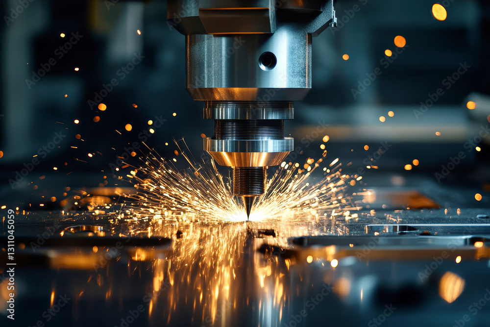 Poster crafting precision shapes with cnc machining under bright sparks and modern technology