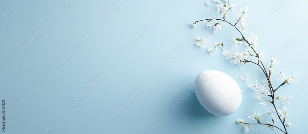 Aufkleber minimalist easter design featuring a white egg on a soft blue background with delicate white flowers