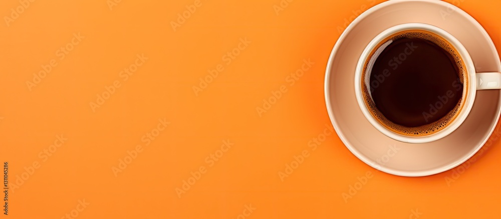 Poster top view of a coffee cup on a vibrant orange background with clear space for text, showcasing the wa