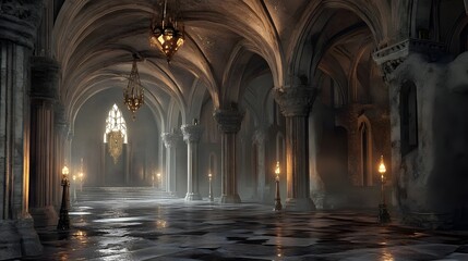 Obraz premium A grand, dimly lit medieval hall with intricate arches, chandeliers, and a reflective floor, evoking mystery