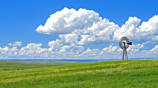 A windmill on a hill with a blue sky and white clouds.