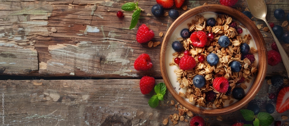 Poster top down view of granola with raspberries and blueberries in a brown bowl on a rustic wooden table w