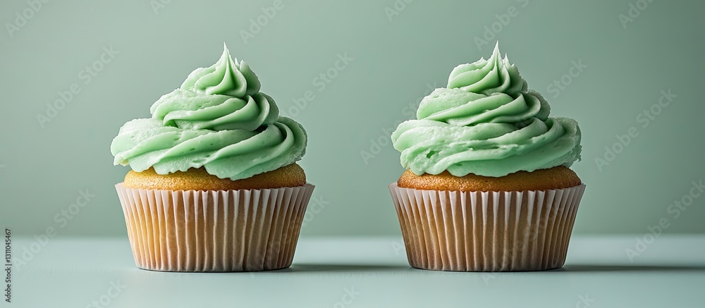 Poster two elegantly styled cupcakes with swirls of green icing on a soft mint background, positioned symme