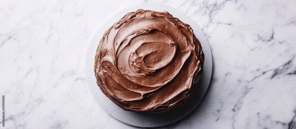 Poster Elegant chocolate frosted cake on a marble surface, showcasing a rich brown color with smooth, swirled icing in a round shape from a top-down view.