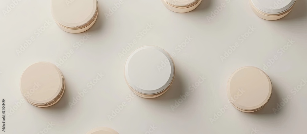 Poster Modern beauty product packaging featuring a central white container with a beige cap surrounded by beige circular elements on a light background
