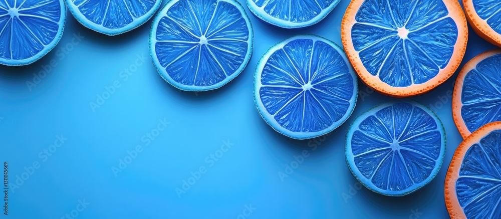 Poster vibrant blue background with smooth gradients and radiant rays, highlighted by orange and blue citru