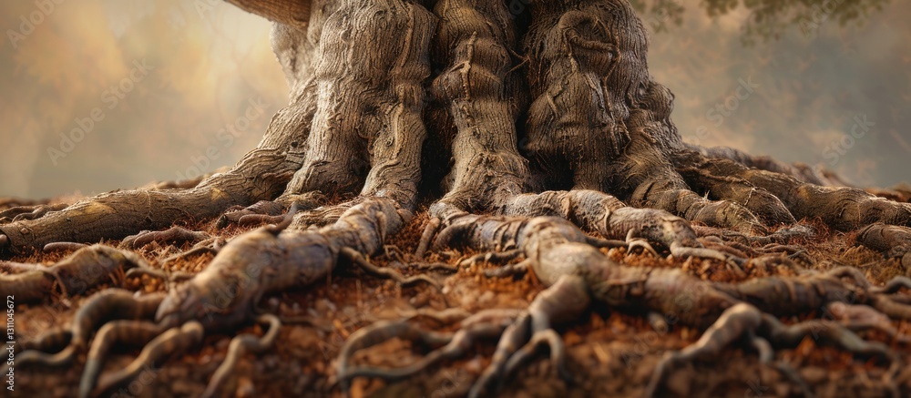 Aufkleber sturdy aged brown tree roots dominate the foreground with rough textures and earthy tones against a 