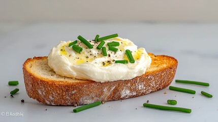 Creamy cheese spread on toasted bread with chives and pepper.