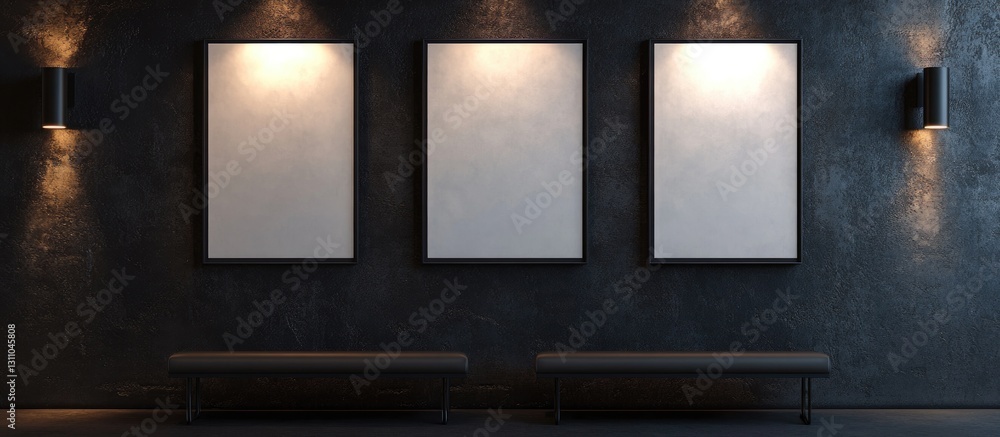 Poster three empty white art frames arranged symmetrically on a dark grey wall with soft lighting, compleme