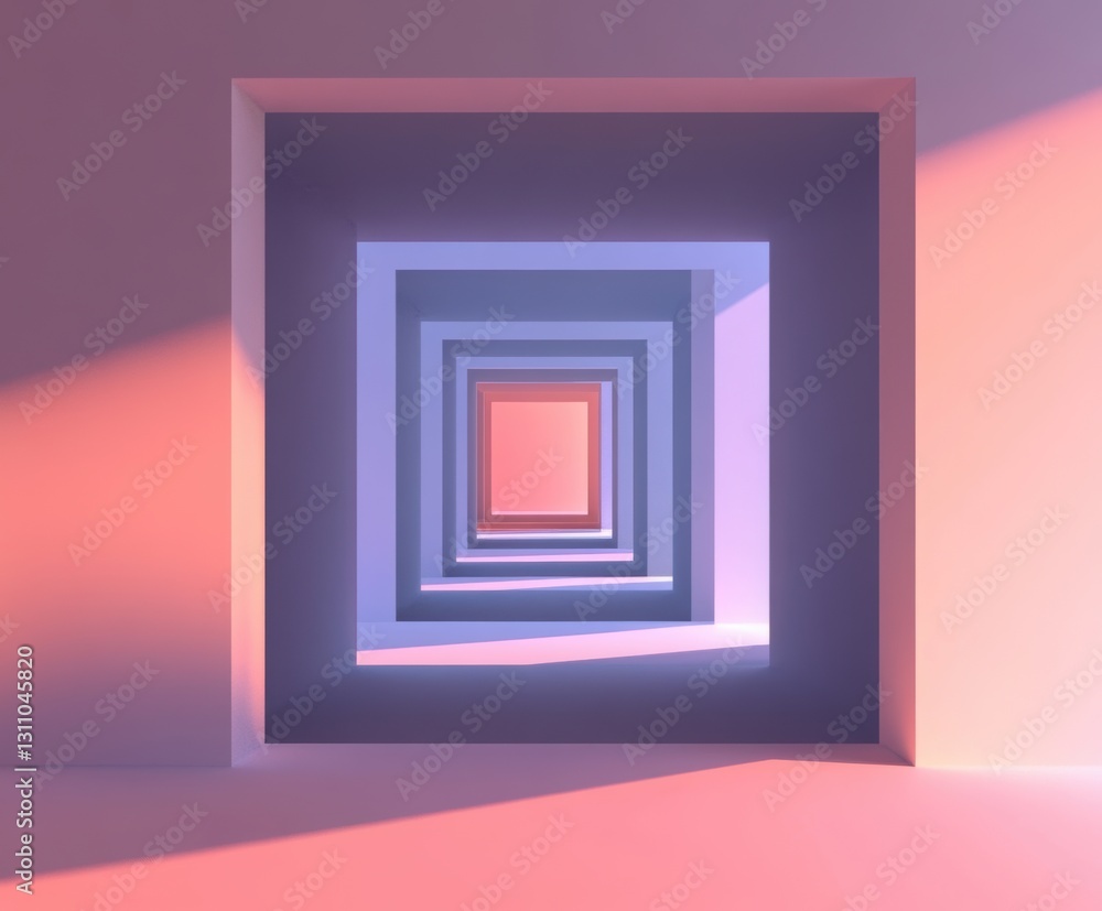 Poster geometric portal: a captivating perspective of a series of nested square frames, bathed in warm, inv