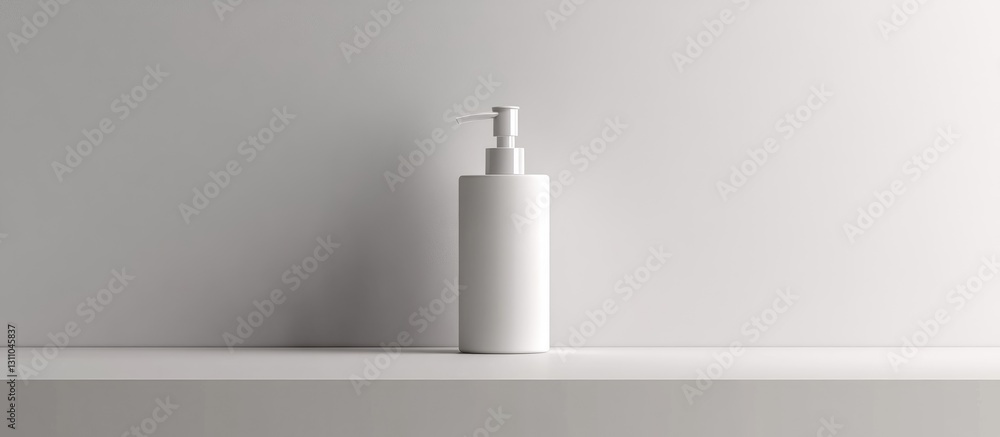 Poster minimalist white bottle on a light gray shelf against a soft white wall, showcasing a clean, modern 